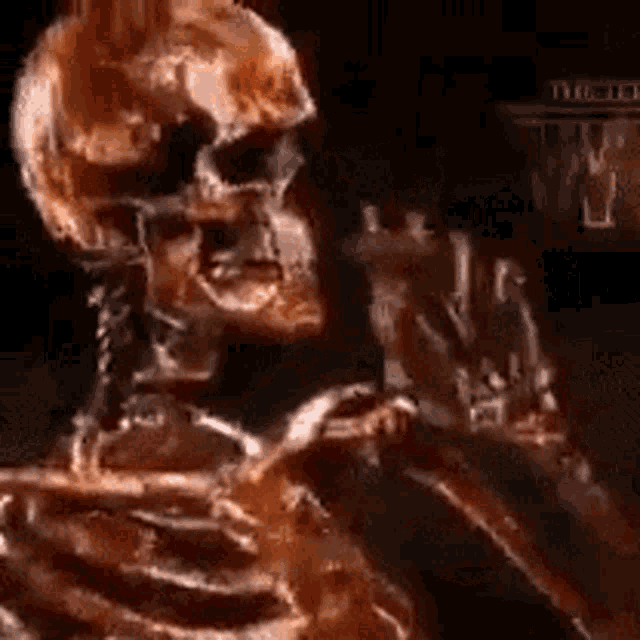 a skeleton is smoking a cigarette in a dark room in a painting .