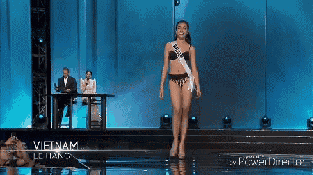 a woman in a bikini is walking on a stage with a sash that says vietnam