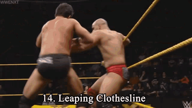 two men in a wrestling ring with the words leaping clothesline