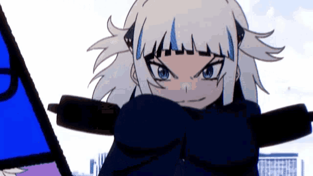 a cartoon girl with white hair and blue eyes is holding a sword in her hand .