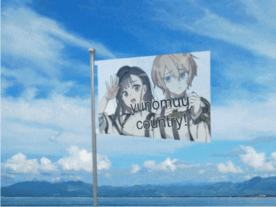 a flag with a picture of a boy and a girl on it that says yunomutu country