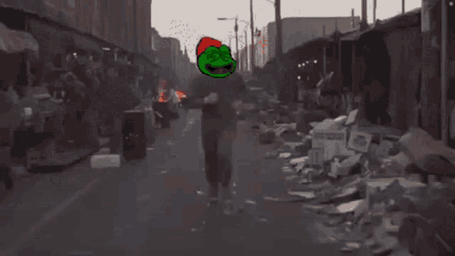 a cartoon of a man running down a street with a frog on his head