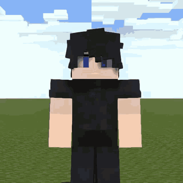 a minecraft character with a black shirt and blue eyes