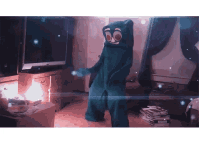 a cartoon character is dancing in front of a television in a living room