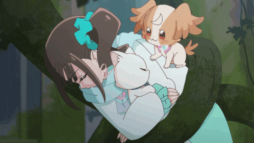 a girl is holding a cat and a dog on her shoulders