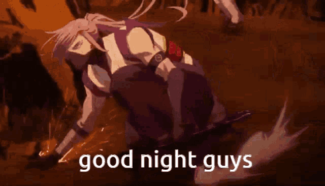 a cartoon character is kneeling down with the words `` good night guys '' below him .