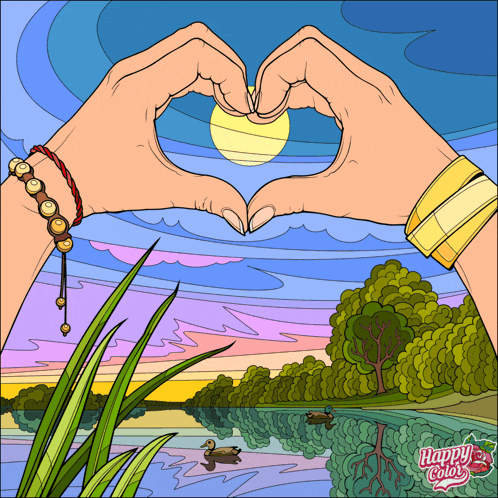 a drawing of a woman making a heart with her hands