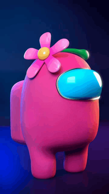a pink among us character with a pink flower on his head