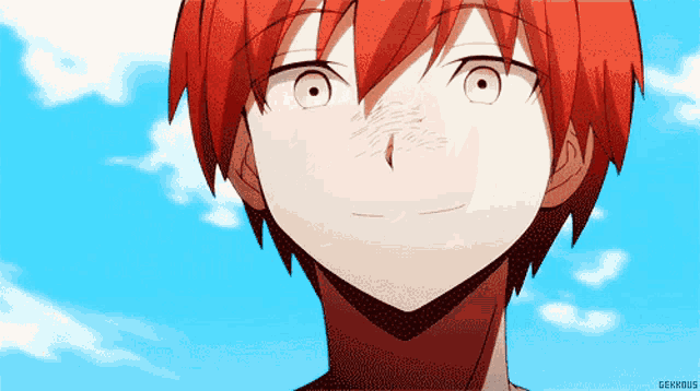a close up of a red haired anime character 's face with a blue sky in the background .