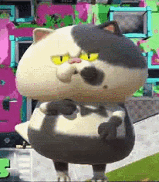 a cartoon cat with yellow eyes is standing on a sidewalk with his arms crossed .