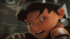 a close up of a cartoon character wearing a hat and smiling .