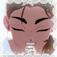 a close up of a person 's face with hyuna luke written on it