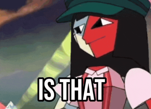 a cartoon character with long black hair and a green hat says is that .