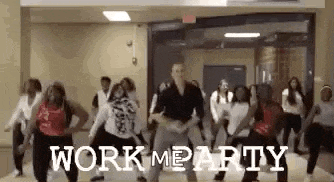 a group of people are dancing in a room with the words `` work me party '' .