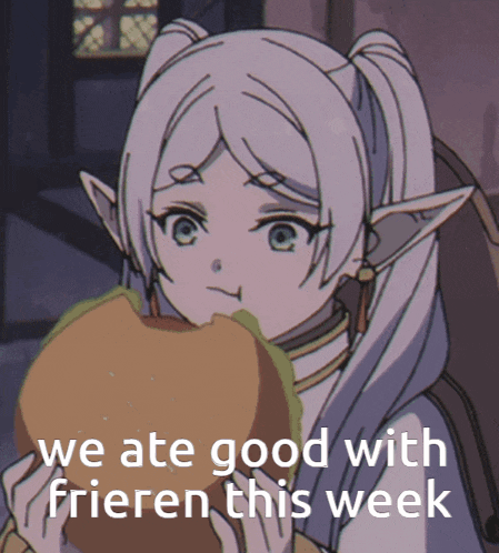 a picture of a girl eating a hamburger with the words we ate good with frieren this week below her