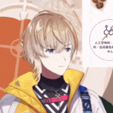 a man with blonde hair and blue eyes is wearing a yellow jacket and a black and white sweater .