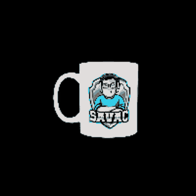 a white coffee mug with a man in a blue shirt and the word java on it
