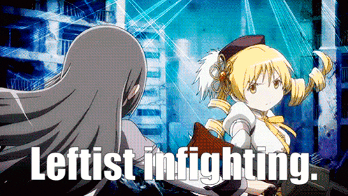 a picture of two anime girls with the words leftist in fighting
