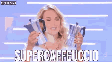 a woman is holding two coffee pots in her hands with the words supercaffeuccio above her .