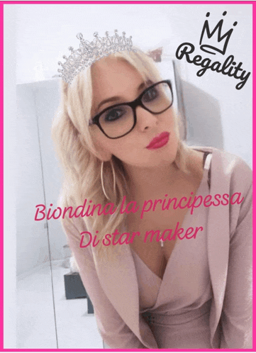 a woman wearing glasses and a crown with regality written on the bottom