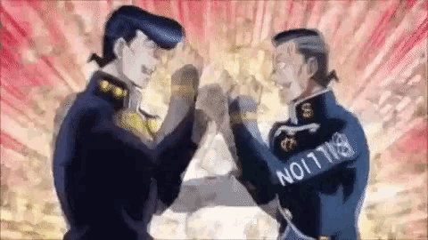 two men in military uniforms are shaking hands in front of a pink background .