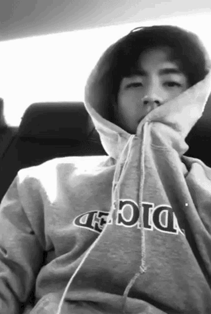 a young man wearing a hoodie is sitting in a car .