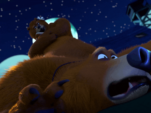 a cartoon bear laying on another bear 's back