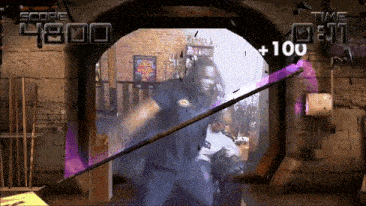 a video game screen shows a man holding a purple stick and a score of 4800