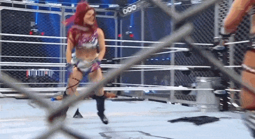 a female wrestler is standing in a wrestling ring behind a chain link fence .