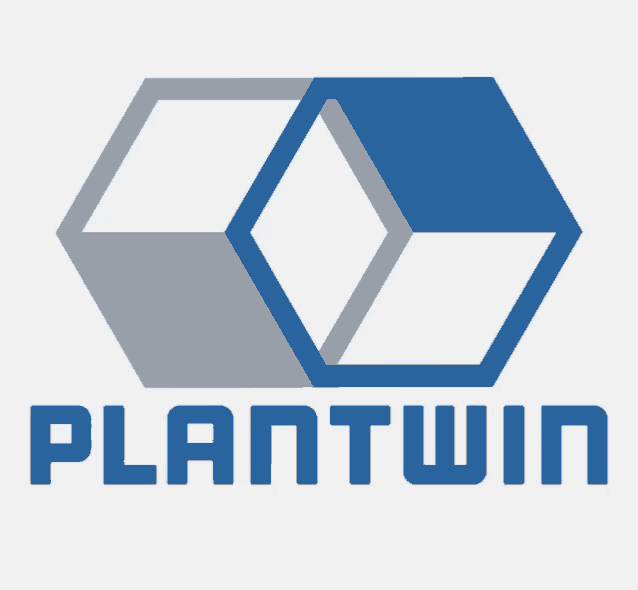 a blue and gray plantwin logo with a hexagon in the center