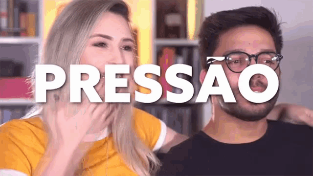 a man and a woman are standing next to each other with the word pressao written in white letters