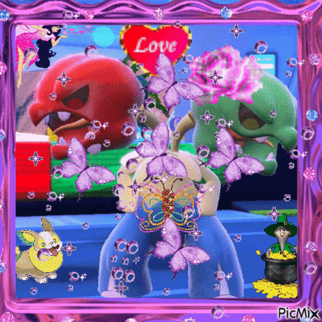 a purple frame with a red heart that says love on it