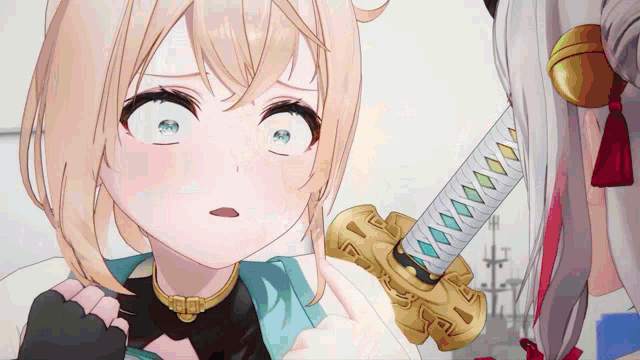 two anime girls are standing next to each other and one is holding a large sword