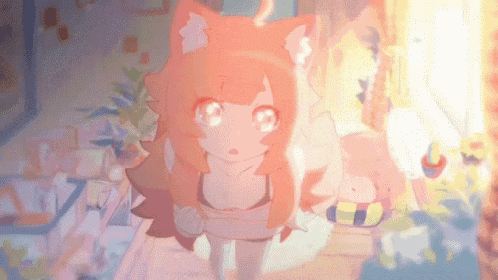 a cartoon girl with a cat ear is standing in a room looking at something .