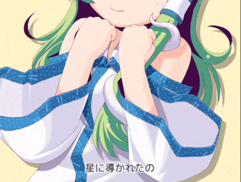 a girl with green hair is wearing a white and blue dress with a polka dot border