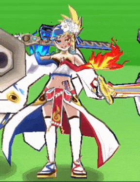 a cartoon character is holding a sword and a shield