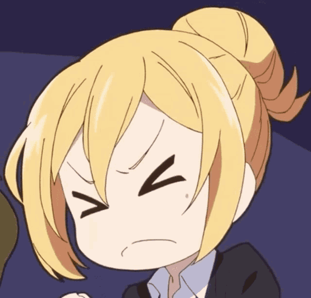 a close up of a cartoon character making an angry face with her eyes closed