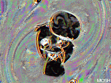 a painting of a person with mosh written on the bottom right