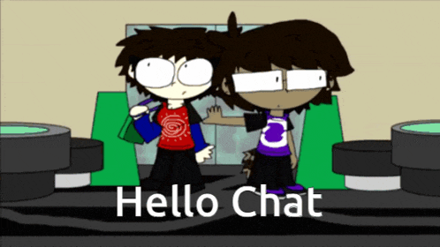 two cartoon characters are standing next to each other with the words hello chat written below them