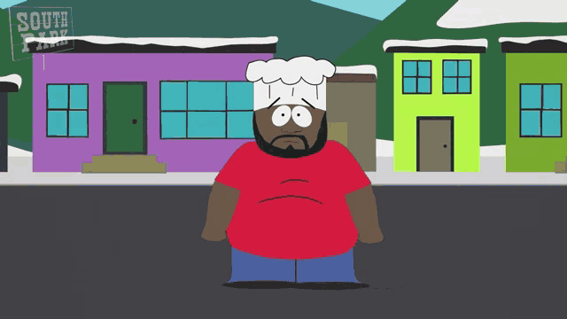 a cartoon character says goodbye in front of some buildings