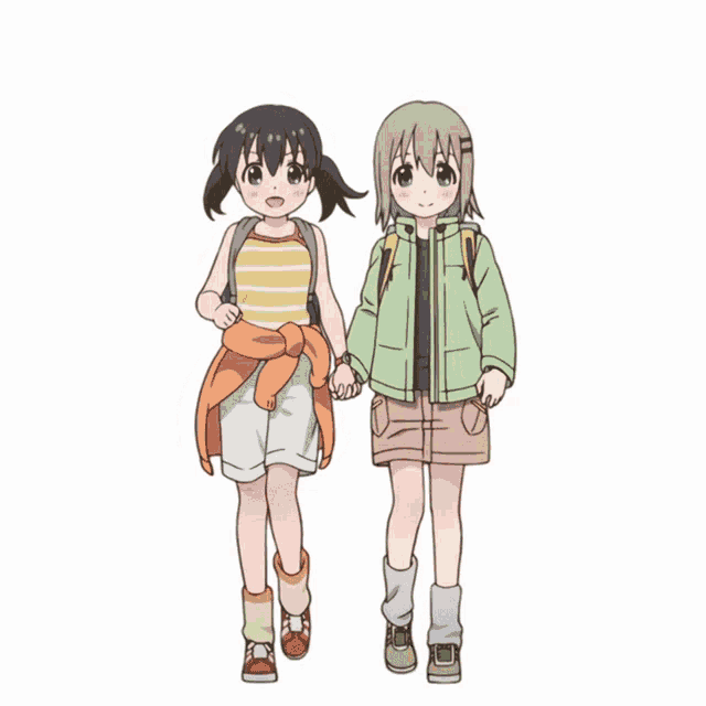 a couple of anime girls holding hands and smiling