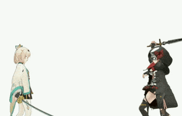 two anime characters are holding swords in their hands and fighting each other .