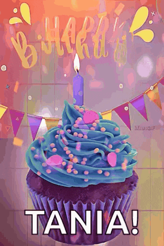 a birthday cupcake with blue frosting and a candle and the name tania