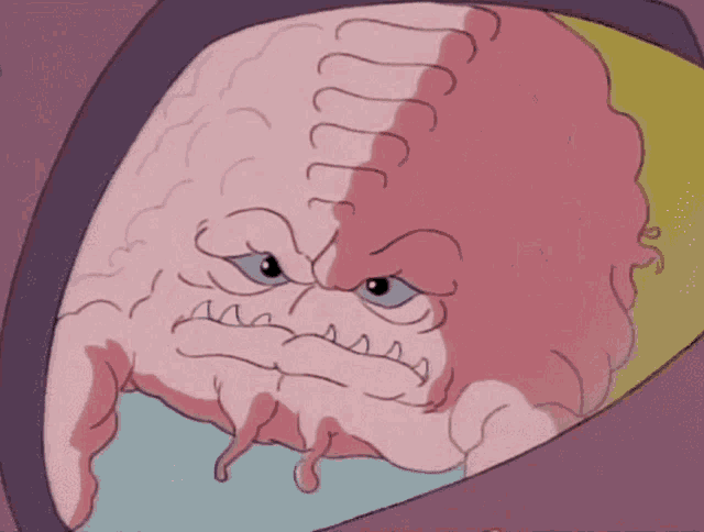 a cartoon drawing of a pink monster with teeth and a purple background