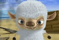 a cartoon sheep is standing on a beach looking at the camera and smiling .