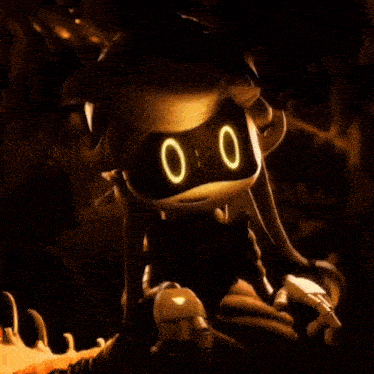 a cartoon character with glowing eyes and a dark background