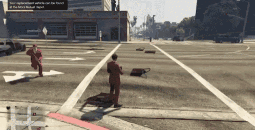 a man in a red suit is running across a street in a video game while another man looks on