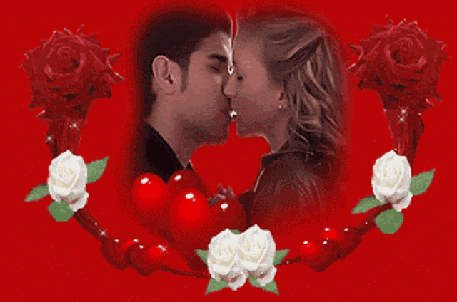 a man and a woman are kissing in front of a heart with roses