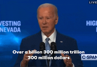 a man in a suit and tie is giving a speech with the words over a billion 300 million trillion 300 million dollars on the screen