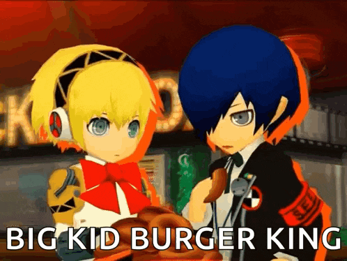 a boy and a girl are standing next to each other with the words big kid burger king above them